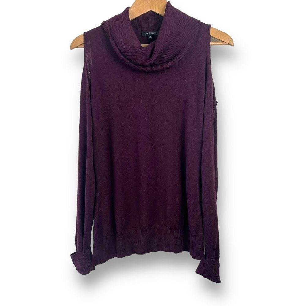 Lafayette 148 Women's Size L Cold Shoulder Top Cowl Neck Deep Purple 100% Wool